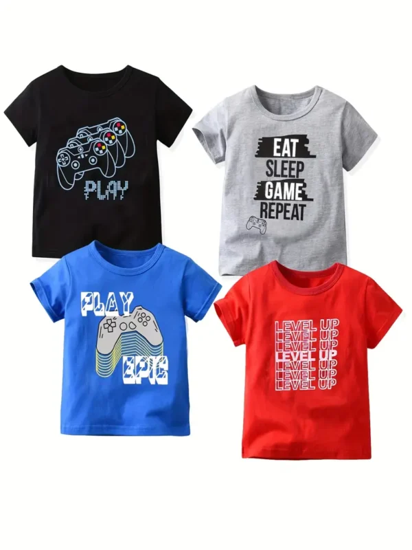 Lot de 4 t-shirts créatifs pour garçons avec imprimé de lettres et manette de jeu, décontractés, légers et confortables, à manches courtes et col ras du cou, vêtements pour enfants pour l'été