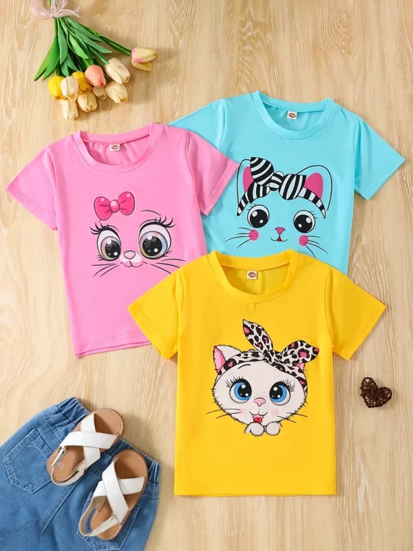 Ensemble de 3 pièces pour filles, imprimé graphique de chatons de dessin animé, t-shirts à manches courtes décontractés et confortables pour le printemps et l'été