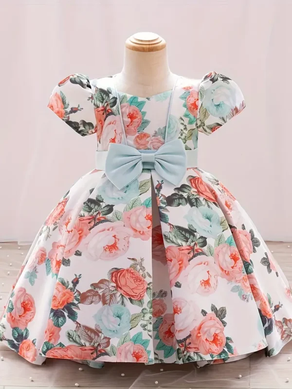 Robe de princesse élégante à imprimé rose 3D pour tout-petits, robes à manches bouffantes avec nœud papillon, vêtements pour bébé fille