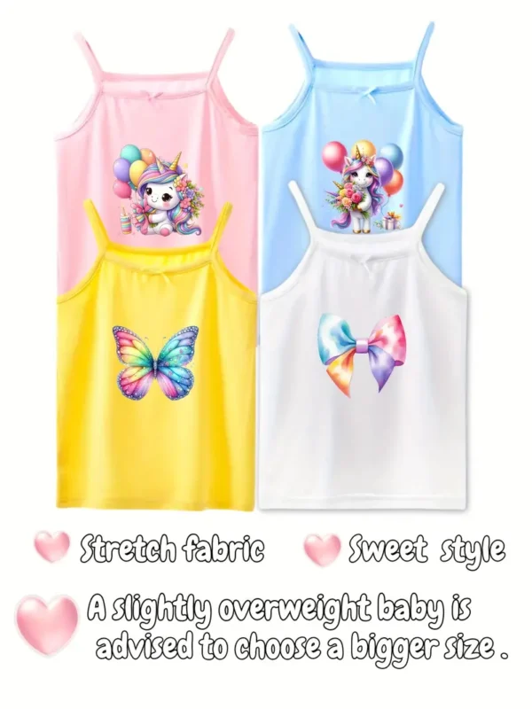 Lot de 4 singlet mignons à imprimé papillon Lot de 4 singlet mignons à imprimé papillon, poney et nœud pour fille, haut camisole coloré et doux, haut sans manches confortable et respirant à porter au quotidien, excellent cadeau octobre 29, 2024 Kotazando