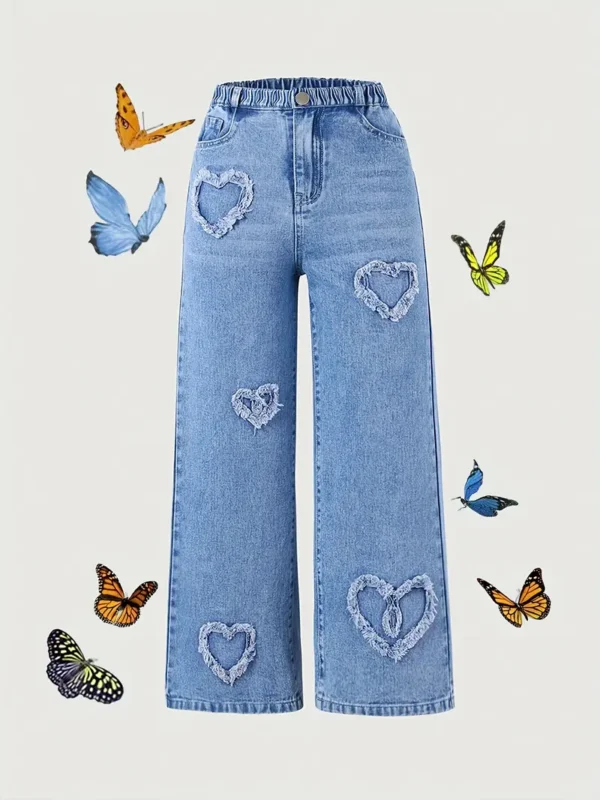 Jean ample à patchs en forme de cœur pour fille Jean ample à patchs en forme de cœur pour fille, couleur unie, longueur longue, jambe large, décontracté, vêtements de tous les jours pour filles 20 octobre 2024 Kotazando