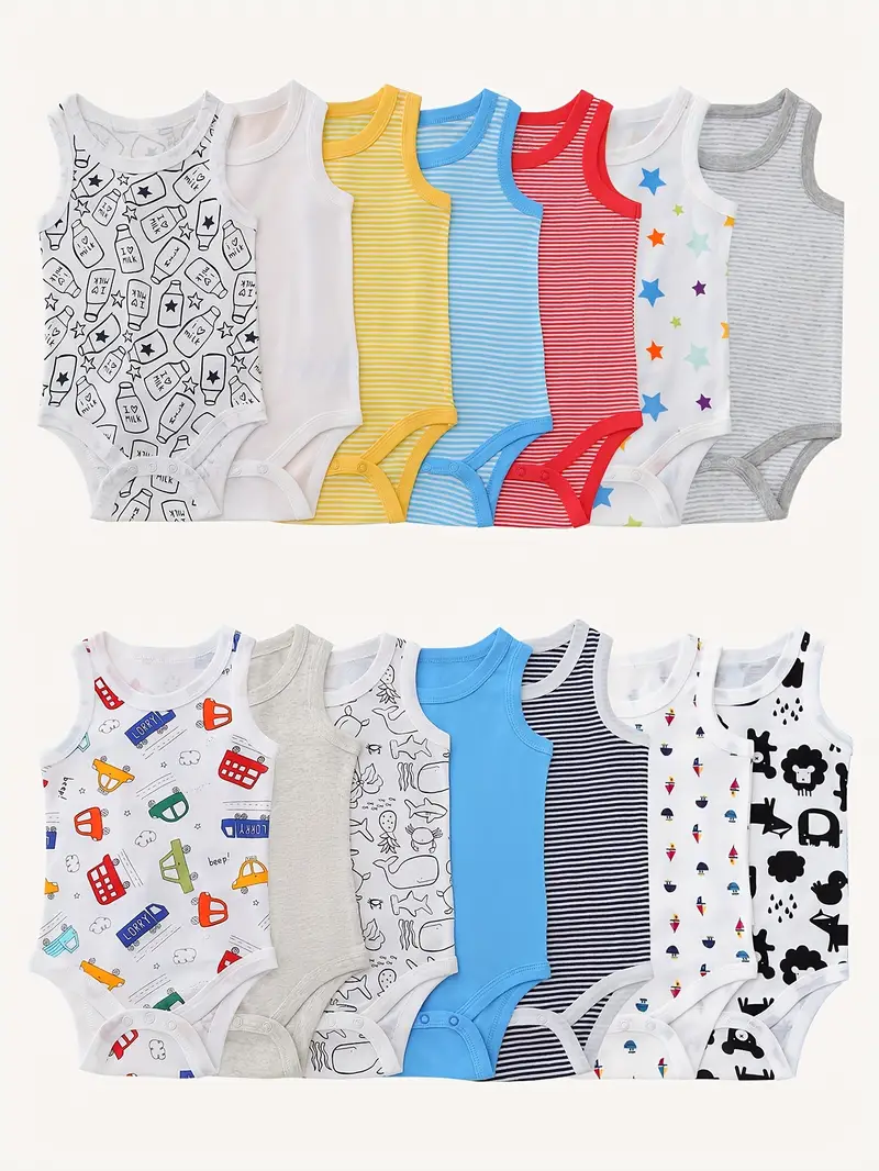 Lot de 7 bodies débardeurs assortis pour bébé garçon, Combinaisons d'été en coton pour bébé, col rond doux et respirant, variété de motifs, cadeau parfait pour les nouveau-nés 10 Lot de 7 bodies débardeurs assortis pour bébé garçon, Combinaisons d'été en coton pour bébé, col rond doux et respirant, variété de motifs, cadeau parfait pour les nouveau-nés – Image 9