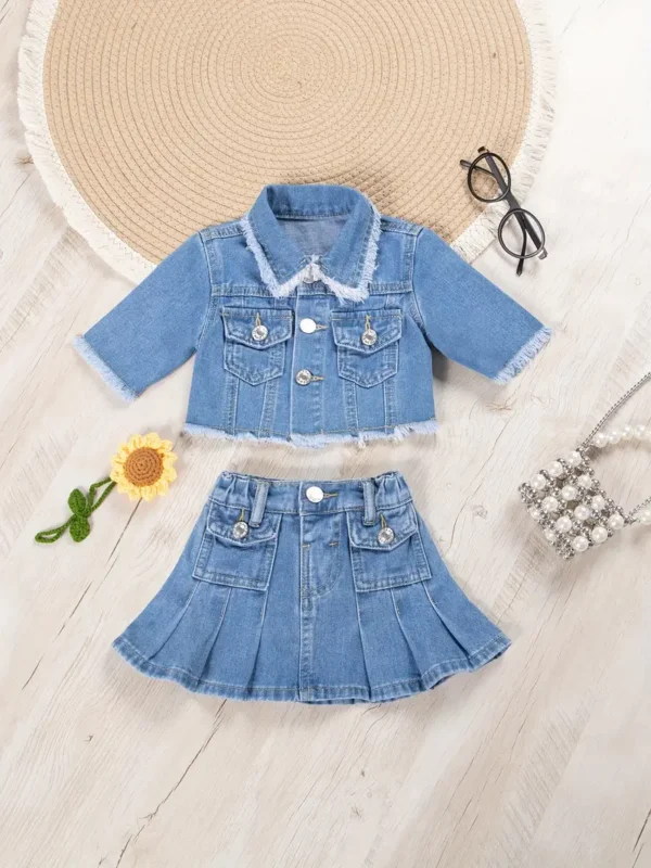 Ensemble veste en jean à bords bruts et jupe en jean plissée pour bébé, vêtements pour tout-petits et filles pour le printemps et l'été