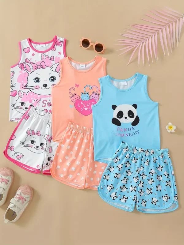 Ensemble de 3 tenues mignonnes pour fille avec motif de dessin animé, débardeur et short à imprimé chaton, fraise et panda, Idéal pour les sorties décontractées d'été