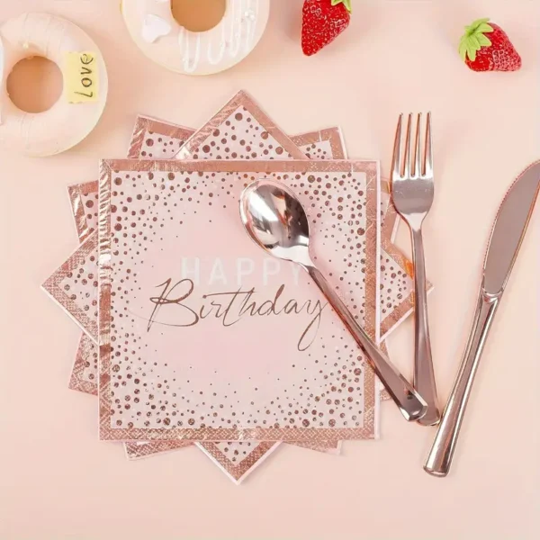 Ensemble de fête d'anniversaire élégant de 84 pièces, Assiettes jetables roses et roses dorées, serviettes, fourchettes, couteaux, cuillères pour 12 invités, Parfait pour Halloween, Noël, Pâques, Thanksgiving – Image 7