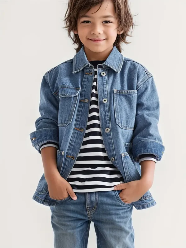 Jacket en jean polyvalente et élégante pour garçons, veste à manches longues avec revers boutonné, vêtements d'extérieur pour garçons