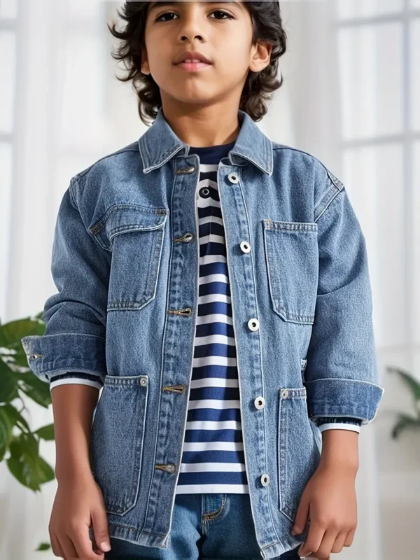 Jacket en jean polyvalente et élégante pour garçons, veste à manches longues avec revers boutonné, vêtements d'extérieur pour garçons – Image 4