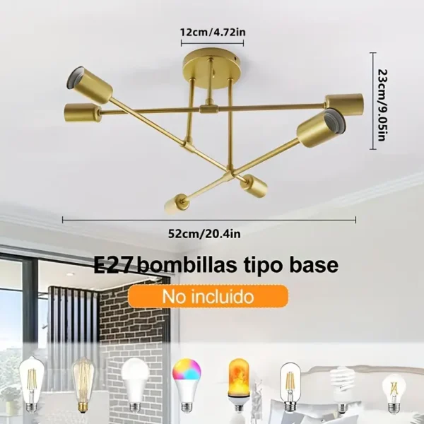 Lampe de plafond moderne avec 6 têtes de lampe E27, finition dorée, éclairage LED, composants multiples, montage semi-encastré, base E27, 110 V-240 V, câblée – Image 2