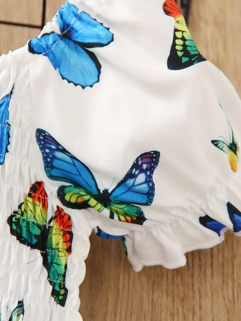Robe de princesse à manches bouffantes et volants pour petite fille, motif papillon coloré, pour les fêtes, les vacances à la plage, les vêtements d'été romantiques pour enfants 4 Robe de princesse à manches bouffantes et volants pour petite fille, motif papillon coloré, pour les fêtes, les vacances à la plage, les vêtements d'été romantiques pour enfants – Image 3