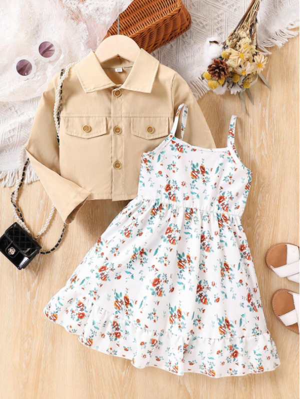 Ensemble de 2 pièces pour jeune fille, chemise courte décontractée à manches longues et robe à fleurs, tenue printemps-été adaptée à l'extérieur - Image 9