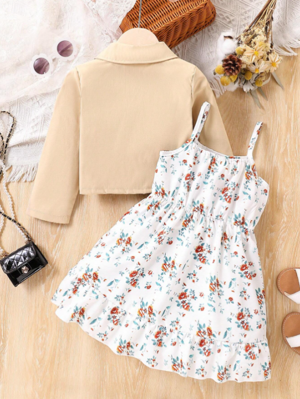 Ensemble de 2 pièces pour jeune fille, chemise courte décontractée à manches longues et robe à fleurs, tenue printemps-été adaptée à l'extérieur - Image 10