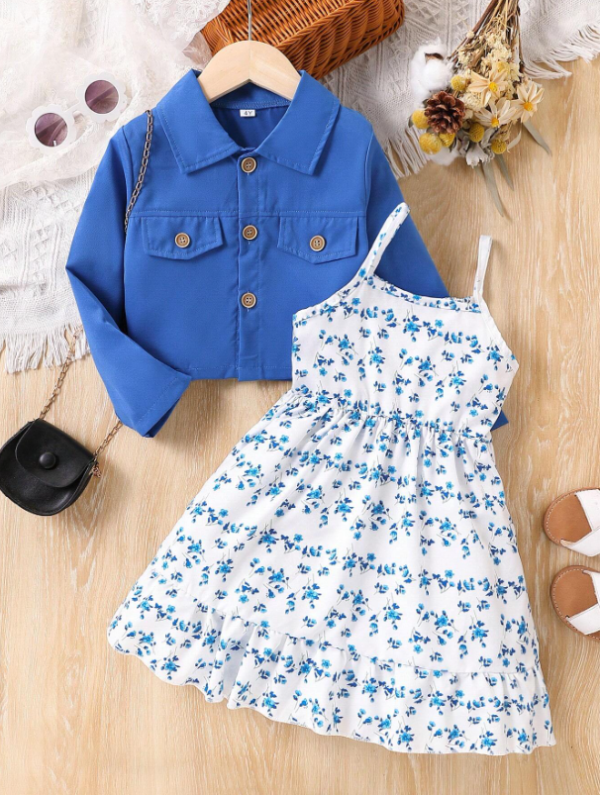 Ensemble de 2 pièces pour jeune fille, chemise courte décontractée à manches longues et robe à fleurs, tenue printemps-été adaptée à l'extérieur - Image 15