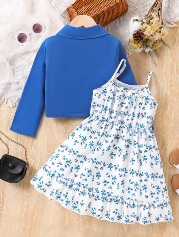 Ensemble de 2 pièces pour jeune fille, chemise courte décontractée à manches longues et robe à fleurs, tenue printemps-été adaptée à l'extérieur - Image 16