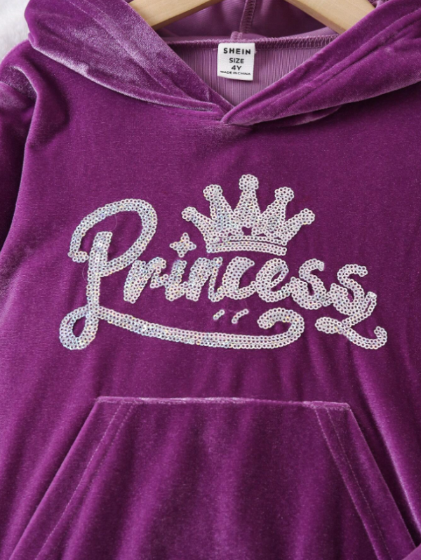 Sweat à capuche et pantalon de survêtement à poche kangourou avec motif couronne et lettre à sequins pour jeune fille - Image 8