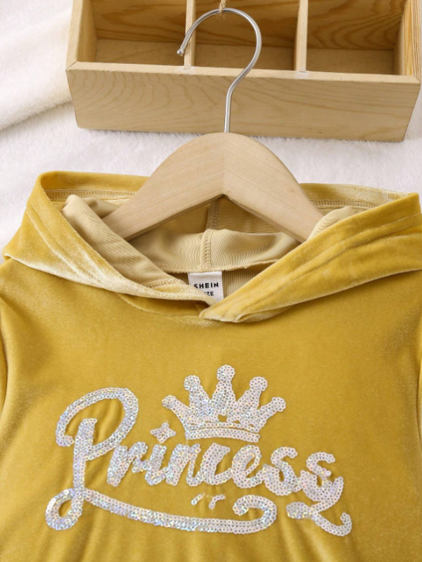 Sweat à capuche et pantalon de survêtement à poche kangourou avec motif couronne et lettre à sequins pour jeune fille - Image 20