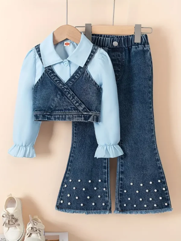 Ensemble 3 pièces pour fille, haut élégant de couleur unie avec col, barboteuse courte en jean tendance avec ornements et jean en tissu tissé avec détails à franges, mélange de polyester, mélange de coton