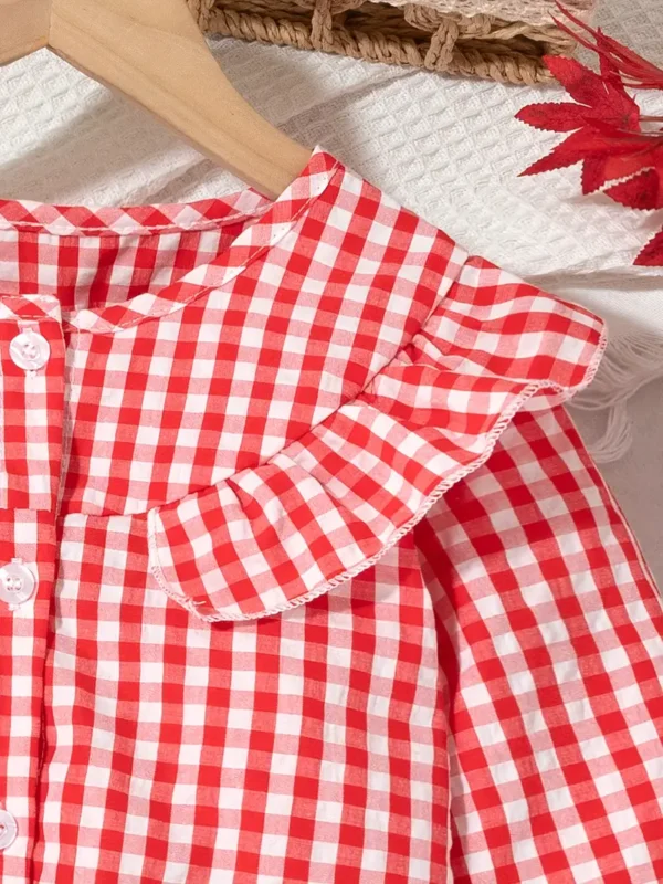 Chemise à manches longues à carreaux rouge et blanc chic pour filles, Chemisier décontracté en polyester avec col en dentelle, lavable en machine – Image 5