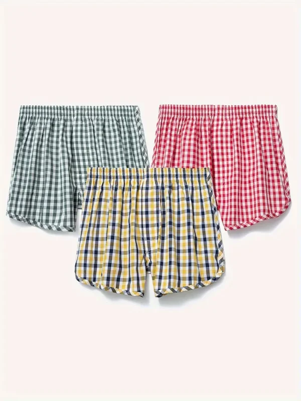 Lot de 3 boxers en coton pour garçon, motif vichy décontracté, coupe confortable et respirante, détails à boutons, tissu non extensible, toutes saisons