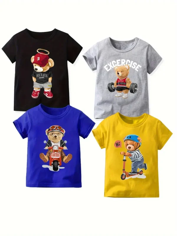 Lot de 4 t-shirts d'été décontractés et confortables à manches courtes pour garçon Lot de 4 t-shirts d'été décontractés et confortables à manches courtes pour garçon, Hauts tendance à imprimés sur le thème des ours de dessin animé octobre 12, 2024 Kotazando