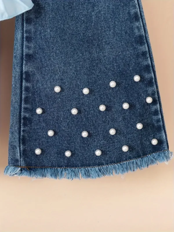 Ensemble 3 pièces pour fille, haut élégant de couleur unie avec col, barboteuse courte en jean tendance avec ornements et jean en tissu tissé avec détails à franges, mélange de polyester, mélange de coton - Image 7