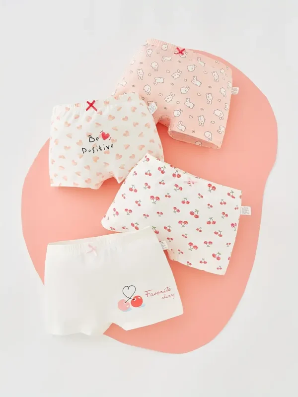 Lot de 4 slips en coton imprimés cerises, cœurs et lapins pour fille, culottes à motif dessin animé, ensemble de sous-vêtements doux et confortables, pour toutes les saisons - Image 7