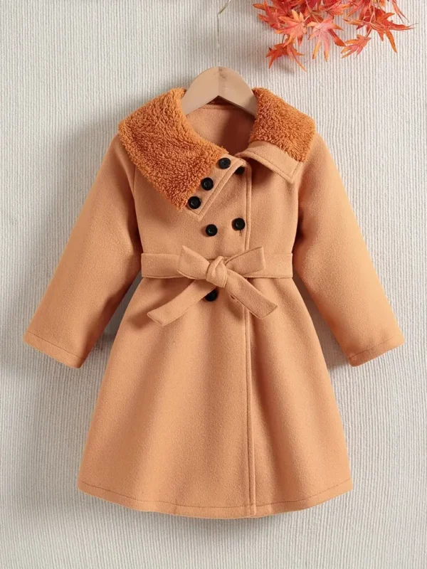 Manteau élégant et ceinture pour jeune fille, veste tunique unie avec col en fourrure pour l'hiver et l'automne