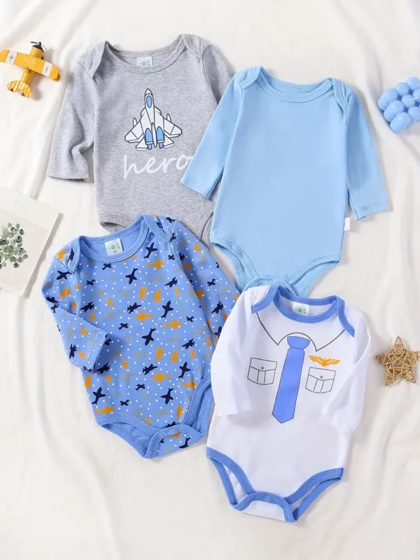 Lot de 4 bodies en coton pour bébé garçon avec col ras du cou et manches longues
