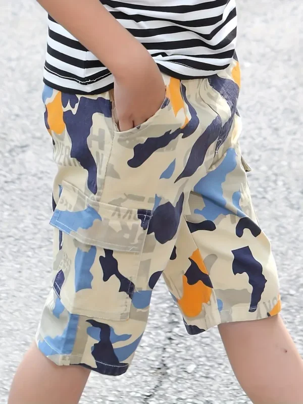 Short cargo camouflage cool d'été pour garçons, short créatif confortable à imprimé lettre, short décontracté pour l'été en plein air – Image 4