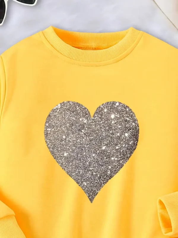 Sweat-shirt ras du cou décontracté pour fille avec imprimé cœur pailleté, Mélange de polyester légèrement extensible, manches longues – Image 5