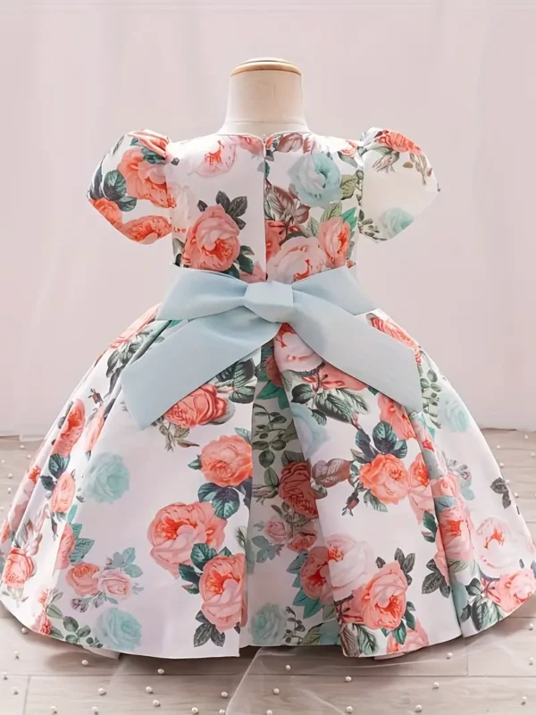 Robe de princesse élégante à imprimé rose 3D pour tout-petits, robes à manches bouffantes avec nœud papillon, vêtements pour bébé fille - Image 3