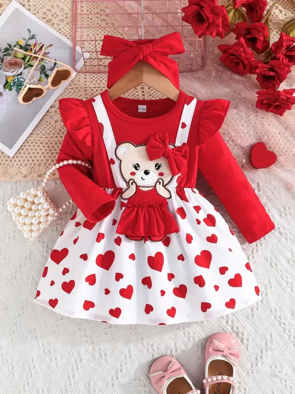 Robe à manches longues et nœud papillon pour bébé fille, jolie robe imprimée en trois dimensions avec ours