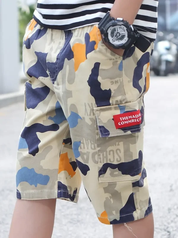Short cargo camouflage cool d'été pour garçons, short créatif confortable à imprimé lettre, short décontracté pour l'été en plein air
