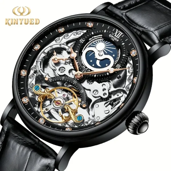 Montre Homme Homme Montre Homme Homme, Montre Homme Creuse Double Face, Montre Mécanique Automatique, Tourbillon Mode Fonction Deux Heures Strass, Lumineux Étanche, Bracelet Cuir PU Montre, Choix Idéal pour Cadeaux 4 octobre 2024 Kotazando