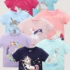 8 pièces 8 pièces, 100 % coton, motif licorne de dessin animé, imprimé lettres, col ras du cou, doux, respirant, manches courtes, tendance, confortable, vêtements pour filles 29 octobre 2024 Kotazando