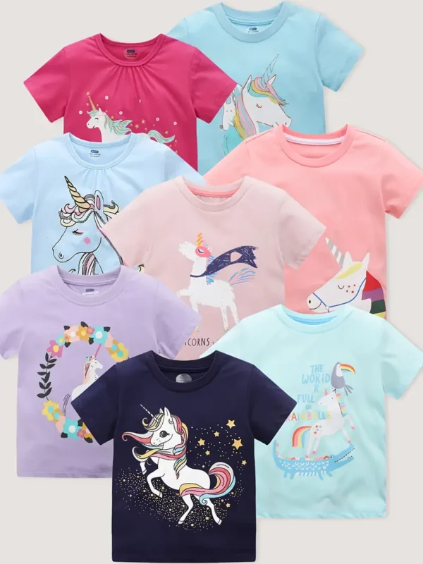 8 pièces, 100 % coton, motif licorne de dessin animé, imprimé lettres, col ras du cou, doux, respirant, manches courtes, tendance, confortable, vêtements pour filles