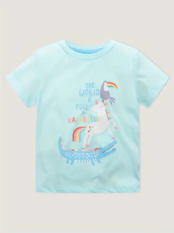 8 pièces, 100 % coton, motif licorne de dessin animé, imprimé lettres, col ras du cou, doux, respirant, manches courtes, tendance, confortable, vêtements pour filles - Image 10