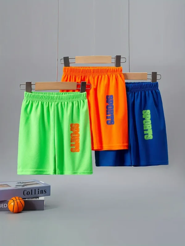 Lot de 3 shorts de sport à séchage rapide pour garçons, short de course mi-long en maille respirante avec imprimé lettre, coupe ample, vêtements de sport basiques pour garçons, essentiels d'été – Image 3