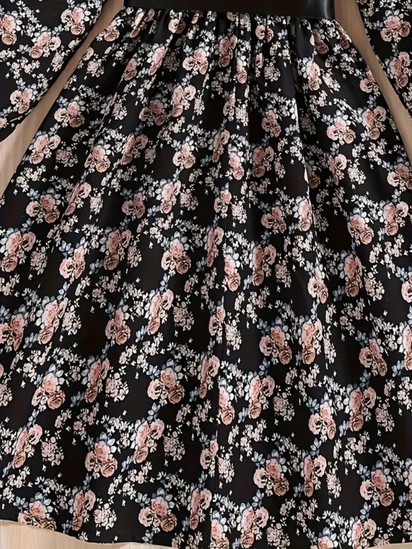 Robe décontractée à imprimé floral chic avec ceinture, Col carré, manches longues, polyester - Image 6