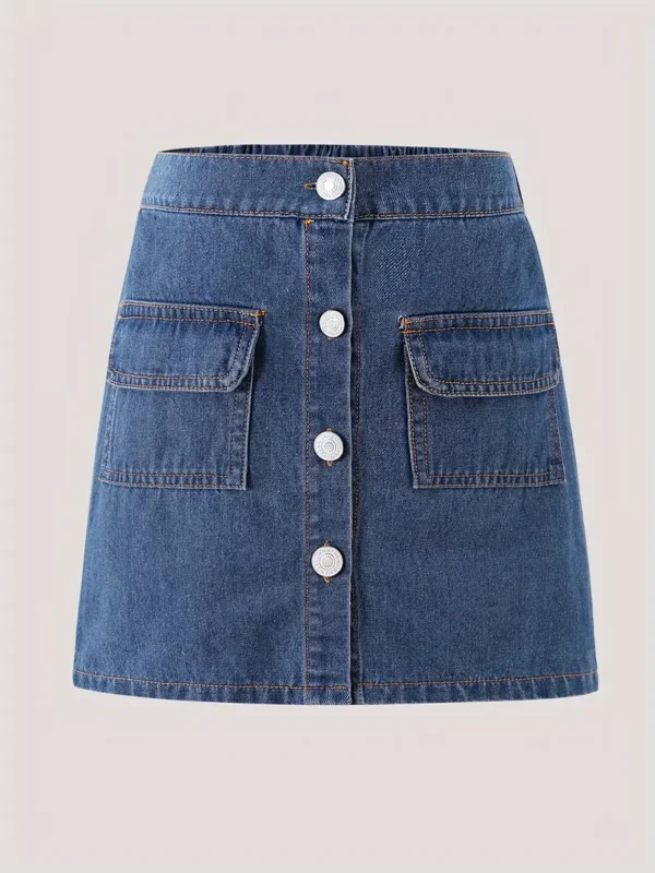 Jupe en jean cargo pour fille, couleur unie, poches sur le devant, jupe courte en jean, vêtements d'été pour fille