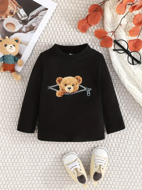 3pcs T-shirt à manches longues en coton imprimé ours de dessin animé pour bébé, pull décontracté, haut pour tout-petit et bébé garçon - Image 8