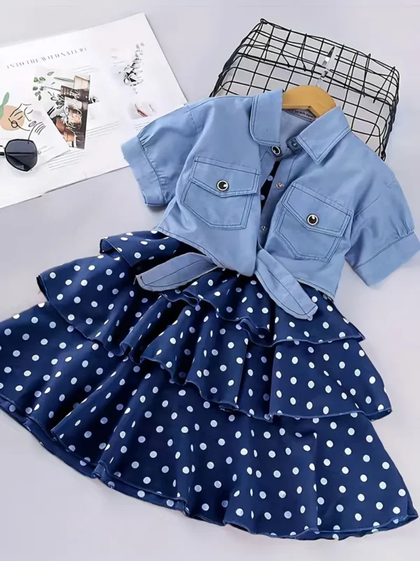 Tenue d'extérieur pour filles Veste en jean à manches courtes avec nœud et robe à pois à volants Douce et tendance pour l'été Tenue d'extérieur pour filles Veste en jean à manches courtes avec nœud et robe à pois à volants Douce et tendance pour l'été 21 octobre 2024 Kotazando