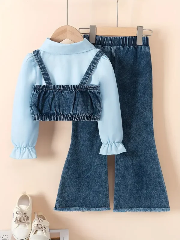 Ensemble 3 pièces pour fille, haut élégant de couleur unie avec col, barboteuse courte en jean tendance avec ornements et jean en tissu tissé avec détails à franges, mélange de polyester, mélange de coton - Image 2