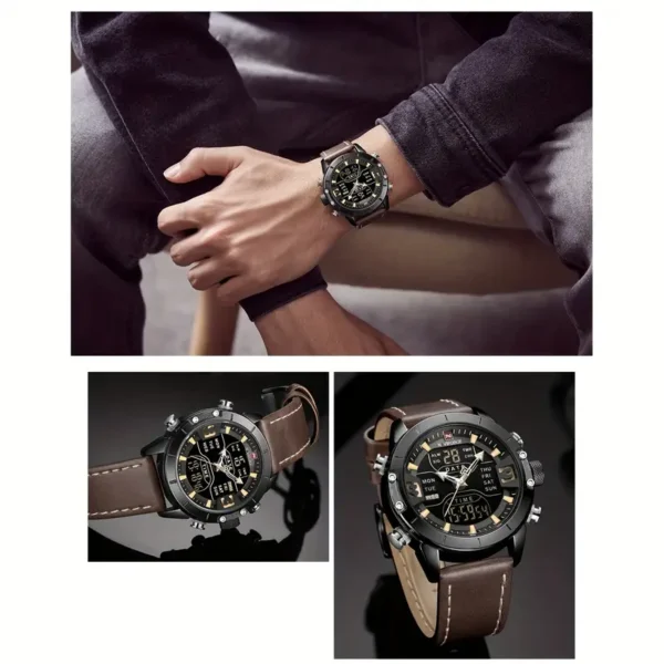 Montre de sport à double affichage pour homme Naviforce, Mouvement à quartz, affichage LED et analogique, boîtier en acier inoxydable, bracelet en similicuir – Image 5