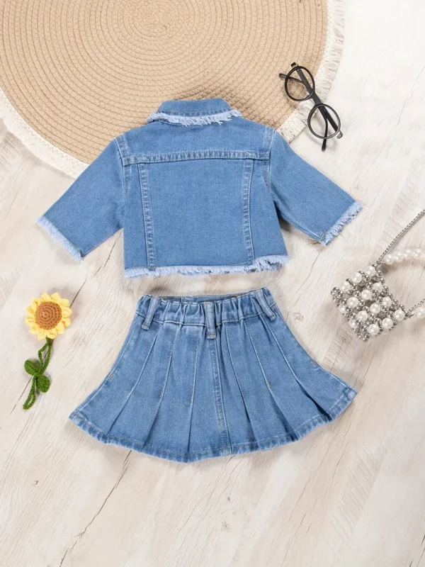 Ensemble veste en jean à bords bruts et jupe en jean plissée pour bébé, vêtements pour tout-petits et filles pour le printemps et l'été - Image 2