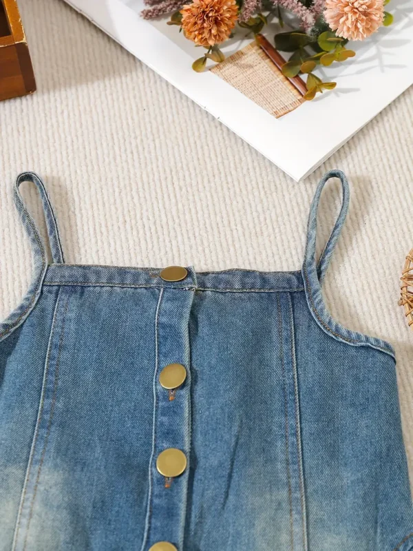Ensemble 2 pièces en denim tendance pour bébé, cardigan à col rabattu + robe d'été à boutons, ensemble de vêtements pour tout-petits – Image 9