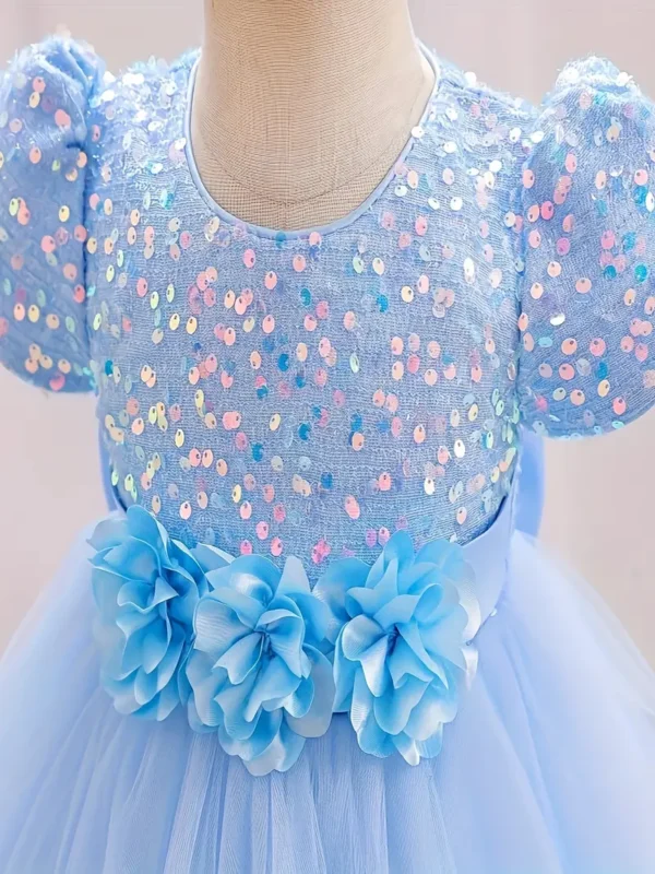 Robe tutu à manches courtes bouffantes avec décor de fleurs à paillettes pour filles, vêtements de fête de Noël - Image 4