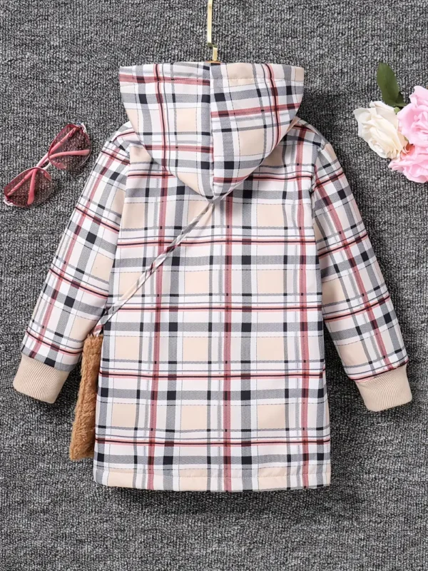 Manteau à capuche boutonné chaud doublé polaire à imprimé écossais pour filles, vêtements pour enfants pour l'automne/hiver - Image 3