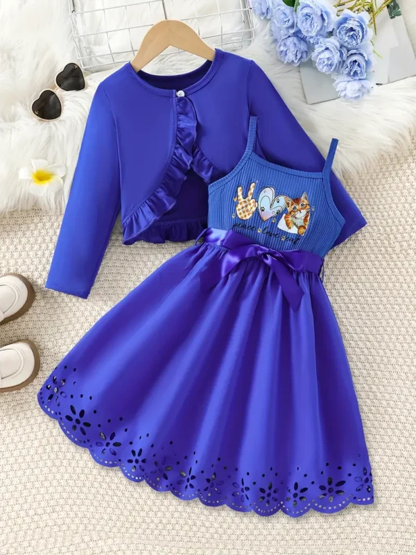 Ensemble adorable 2 pièces, haut cardigan à manches longues à volants et robe camisole à imprimé chat