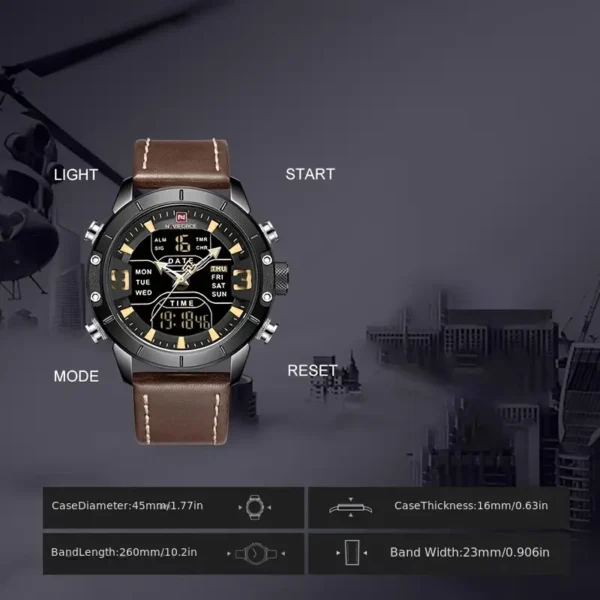 Montre de sport à double affichage pour homme Naviforce, Mouvement à quartz, affichage LED et analogique, boîtier en acier inoxydable, bracelet en similicuir – Image 6
