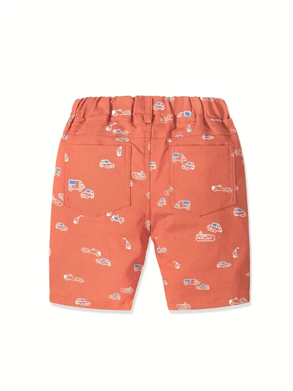 Short tissé léger et décontracté à taille élastique pour garçon avec imprimé de voiture de dessin animé, short de sport confortable et respirant pour le quotidien et les vacances – Image 2